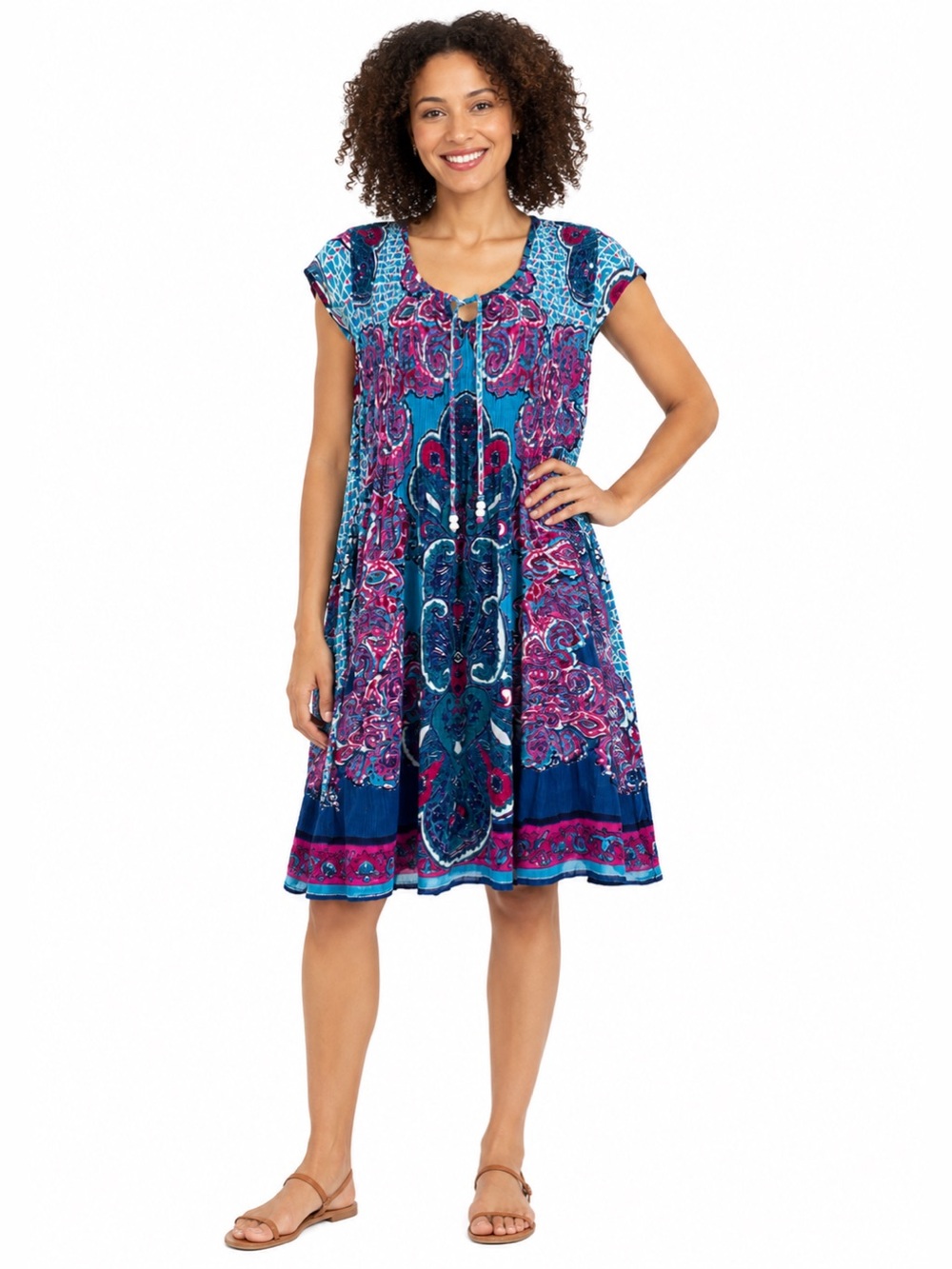 Papa Vancouver XL Boho Paisley Dress Blue Pink Tie Neck Flowy Rayon lightweight